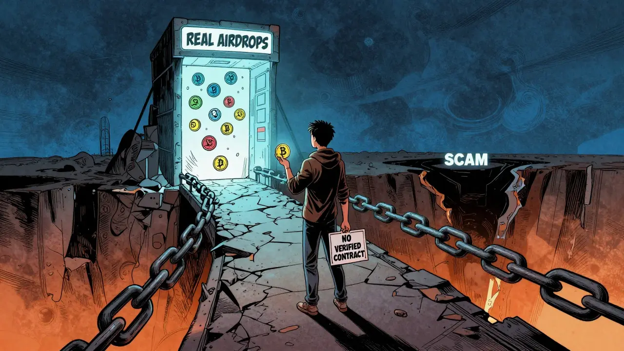 A crypto user stands on a crumbling blockchain bridge, choosing between real airdrops and a dark scam abyss.