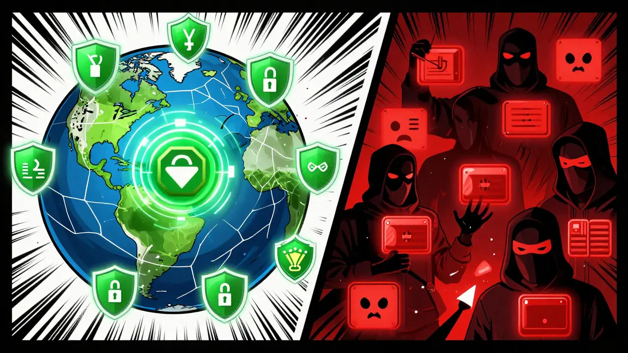 A fractured blockchain splits into safe defenses on one side and chaotic attacks on the other, symbolizing DeFi governance vulnerabilities.