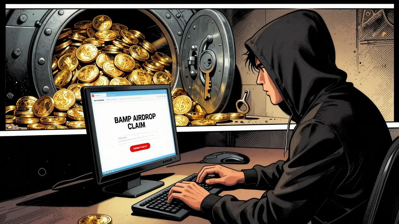 A hacker faces a fake airdrop portal while millions of locked BAMP coins sit in a vault behind him.