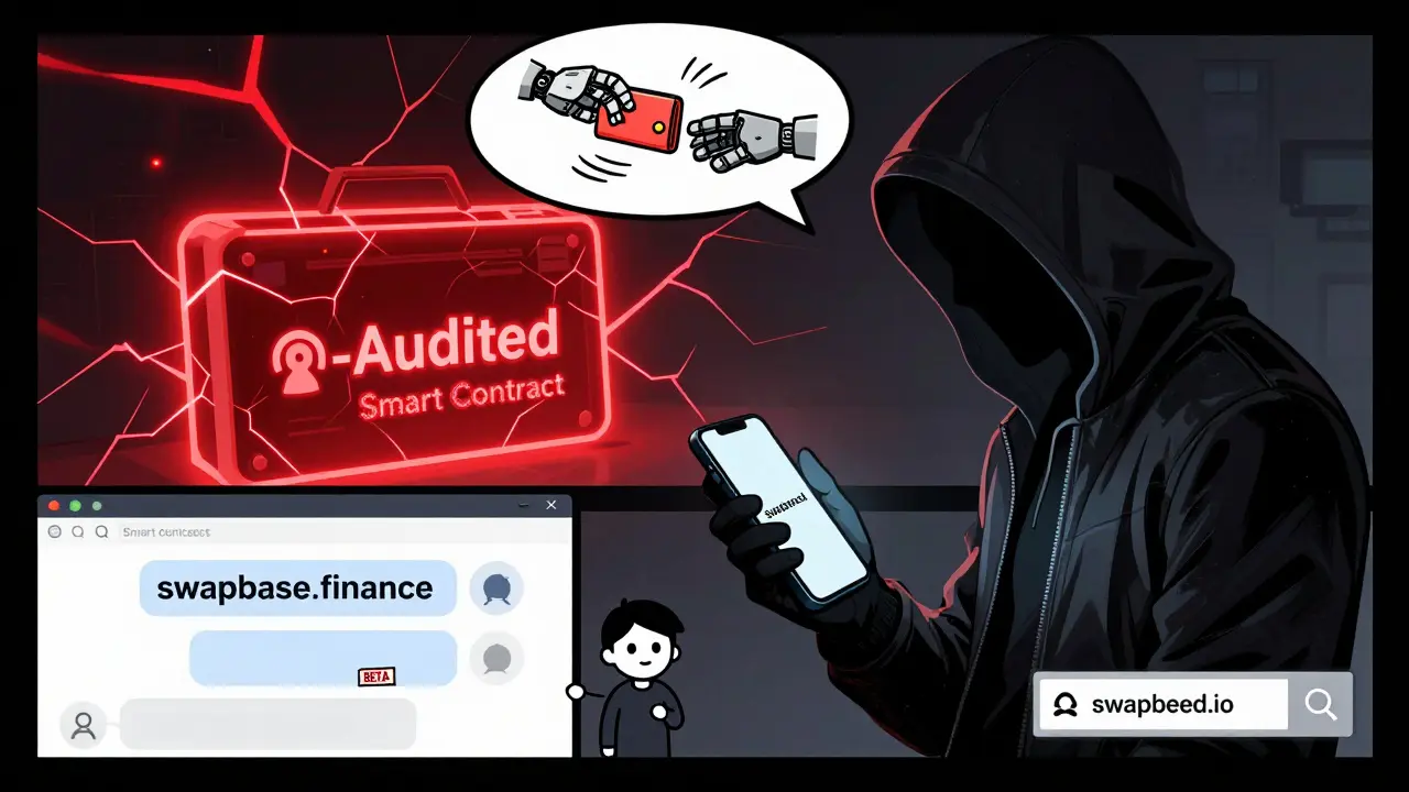 A hacker tricks a user with a fake website while a vulnerable smart contract drains funds, with a small trader risking 0 on beta futures.