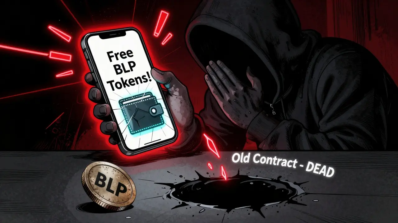 A scammer luring victims with fake BLP tokens while a wallet drains into a dead contract black hole.