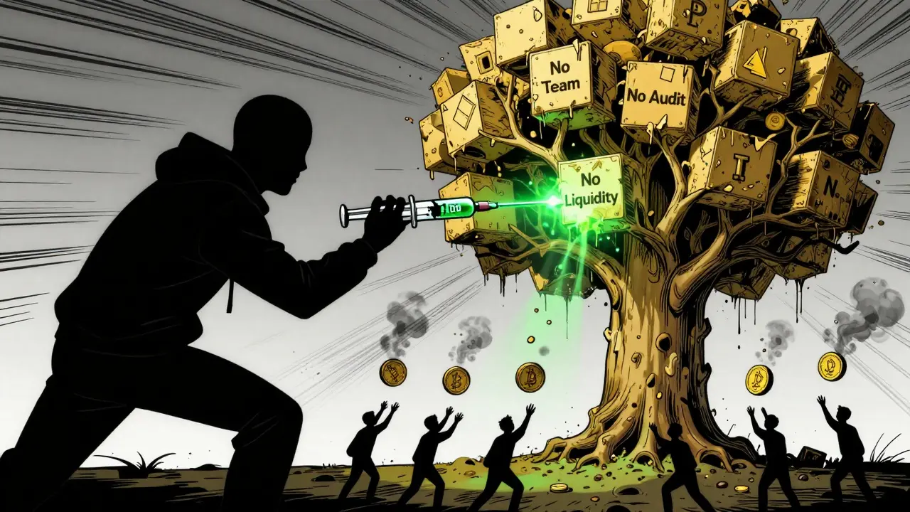 A shadowy figure injects BUD into a dead blockchain tree as investors watch tokens turn to ash.