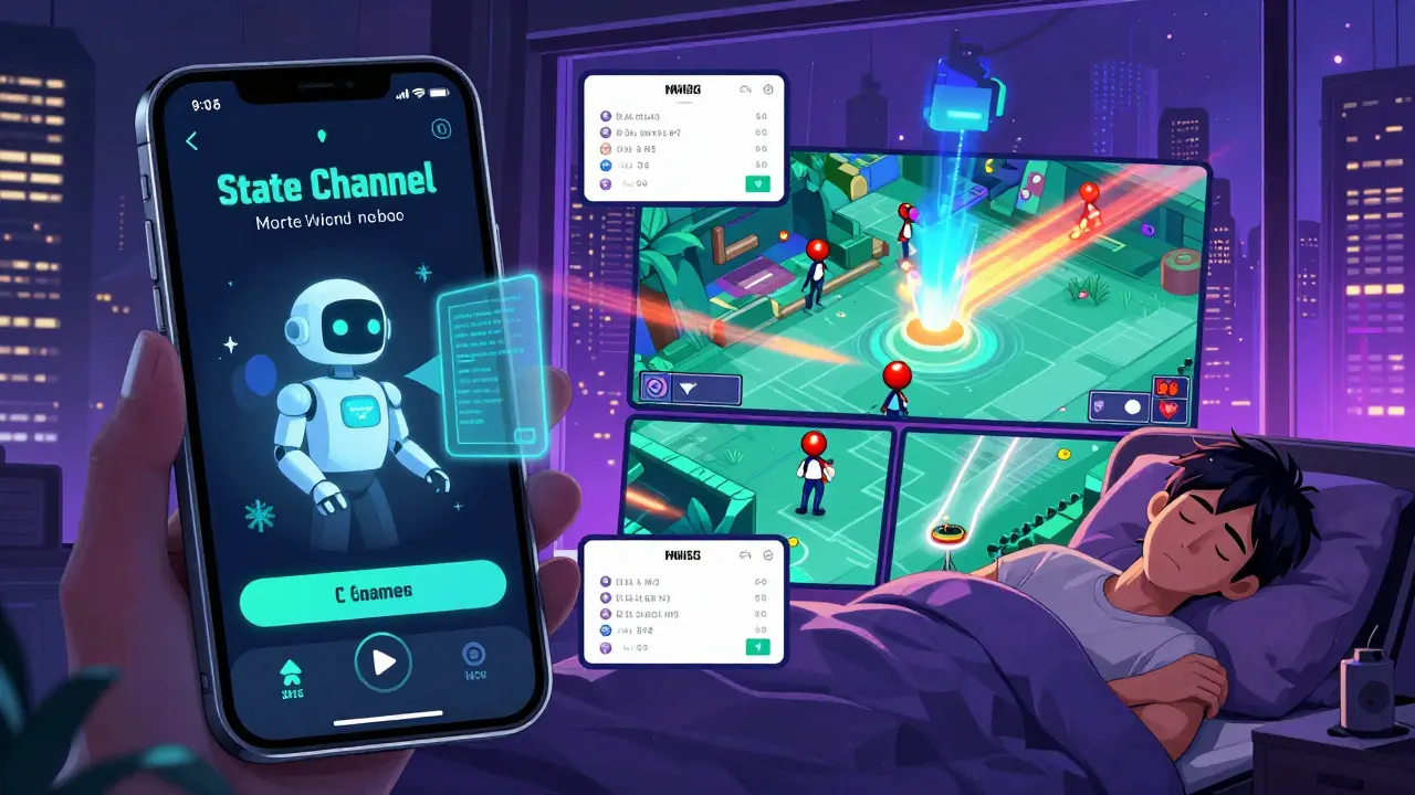 A sleeping user's wallet app defended by a robot monitoring for fraudulent state channel attempts.