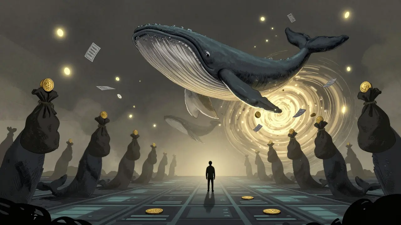 A small voter stands overwhelmed by giant whale holders on a digital voting platform, with useless ballots floating around them.