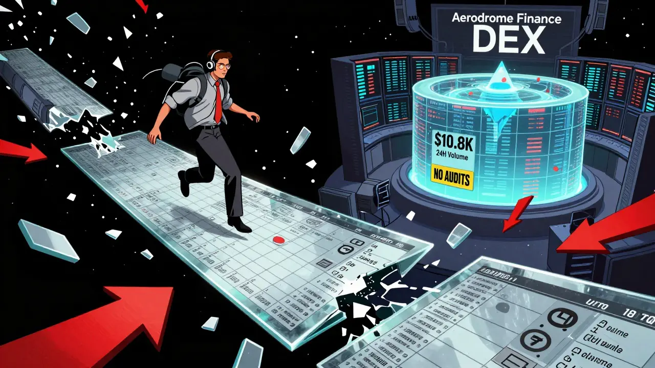 A trader faces a fragile order book with exploding slippage arrows, dwarfed by a massive competing DEX in the background.