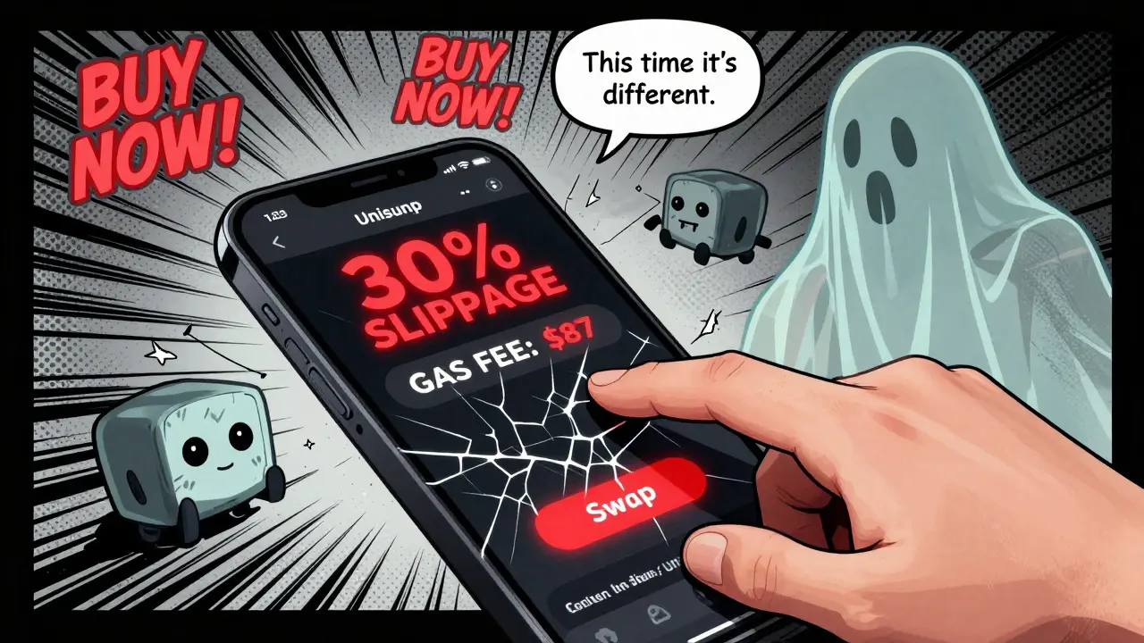 A trembling hand trying to buy PLEB on Uniswap with extreme slippage warnings flashing on a cracked phone.