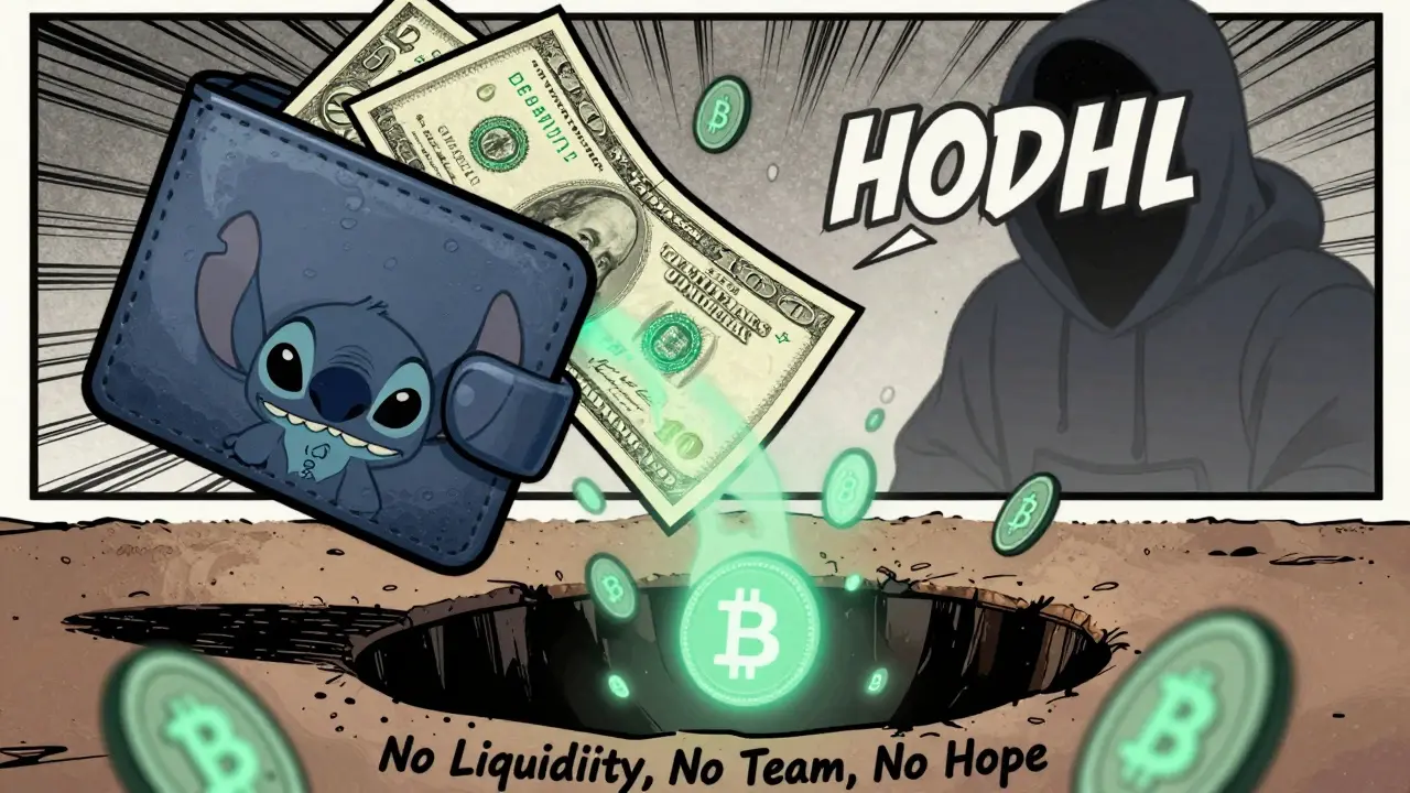 A wallet pouring empty crypto tokens into a bottomless pit labeled 'No Liquidity, No Team, No Hope'.