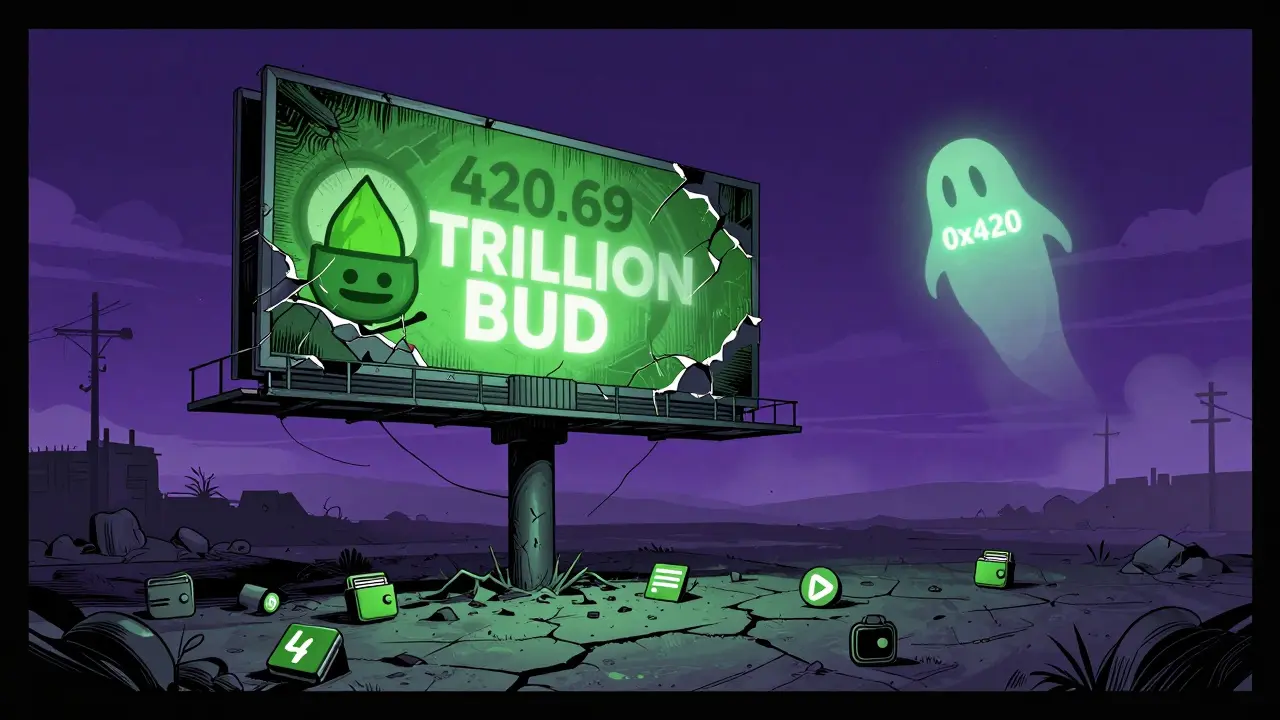 An abandoned crypto billboard with peeling bud logo in a digital wasteland, contract address floating like a ghost.