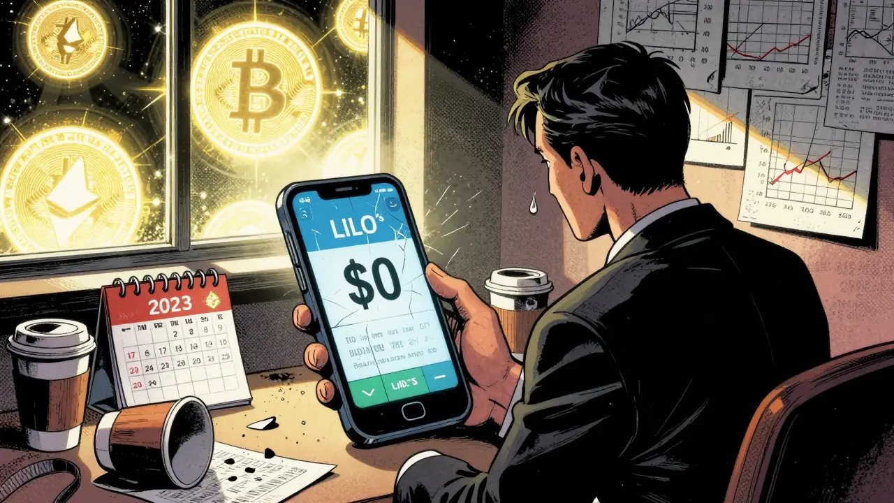An investor stares at a <h2>What’s the real risk?</h2> LILO price on a cracked phone, surrounded by failed crypto charts and discarded coffee cups.