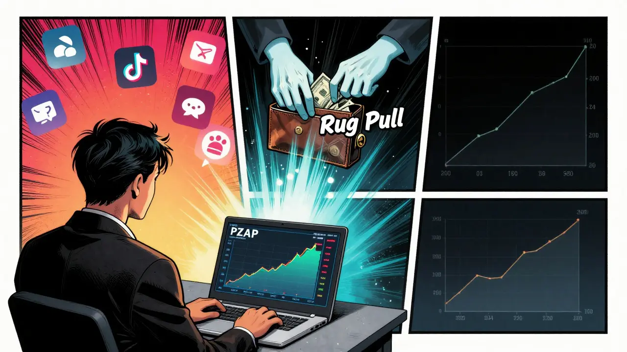 An investor watches a fake price surge on their laptop while ghostly hands drain their wallet into a rug pull vortex.