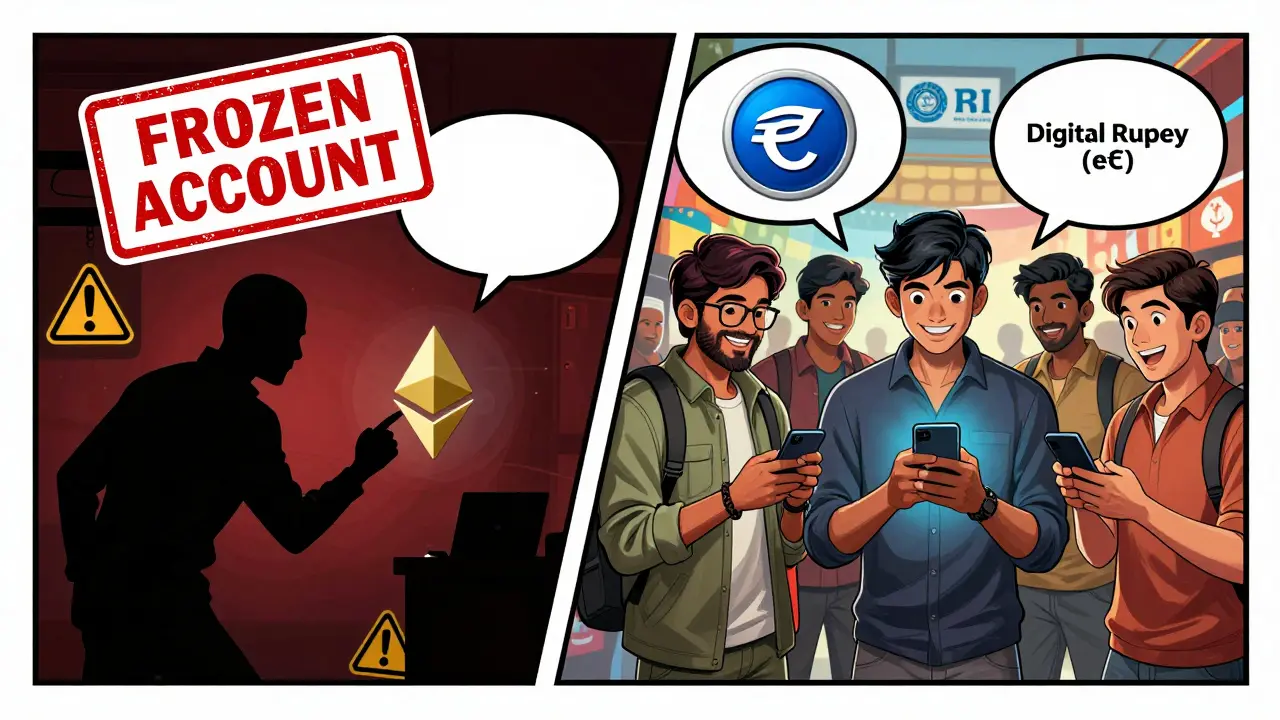 Contrasting scene: illegal crypto payment vs. safe Digital Rupee transactions.