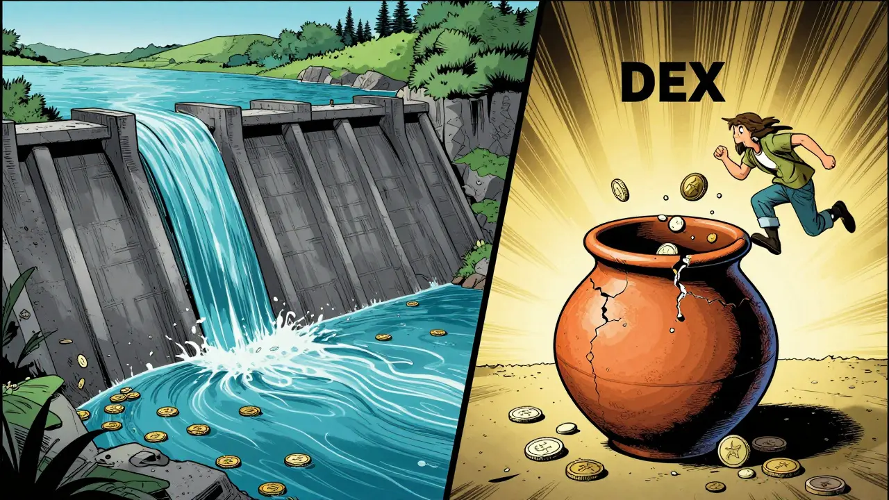 Contrasting stable CEX liquidity dam versus leaking DEX liquidity pot with fleeing farmers.