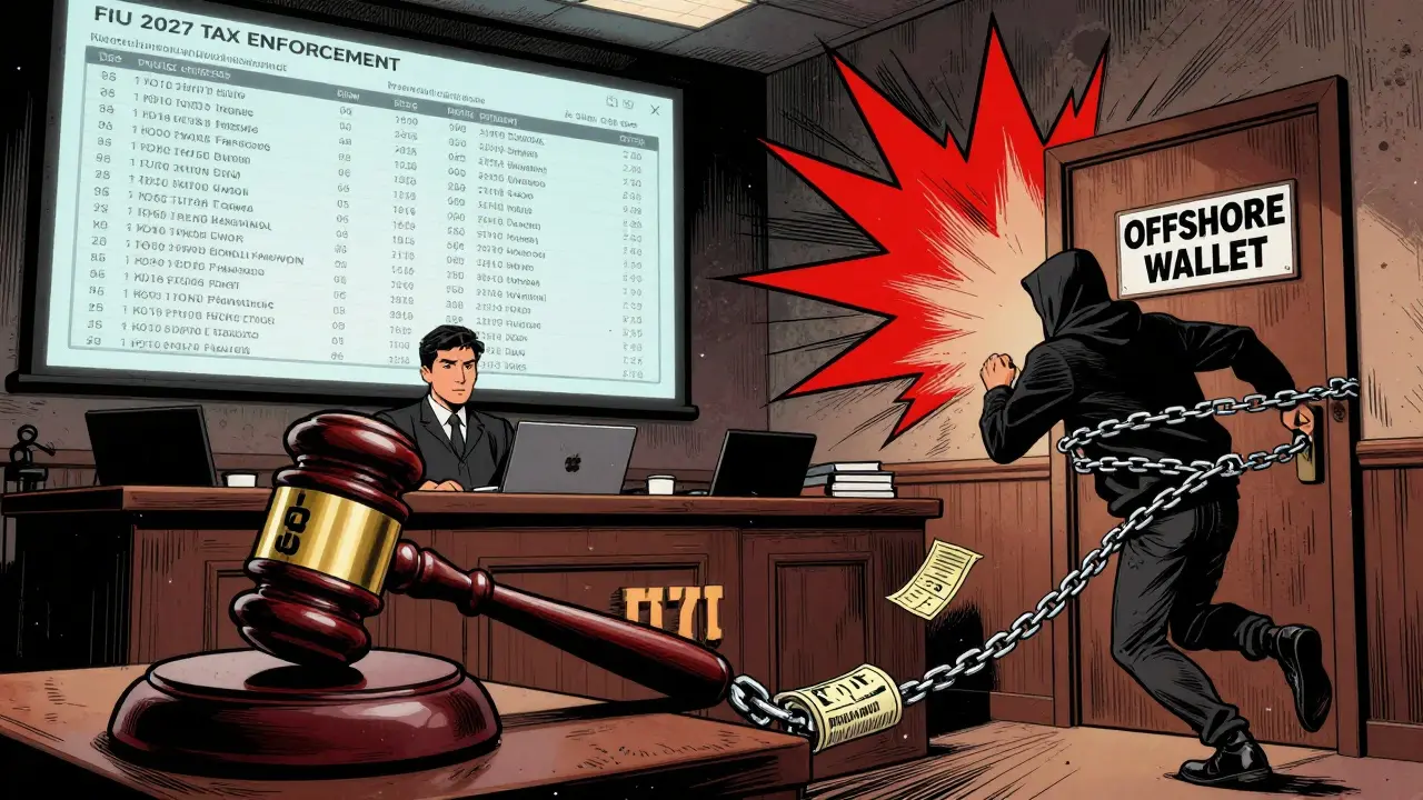 Courtroom scene with FIU tax enforcement screen and chained crypto trader trying to escape offshore.