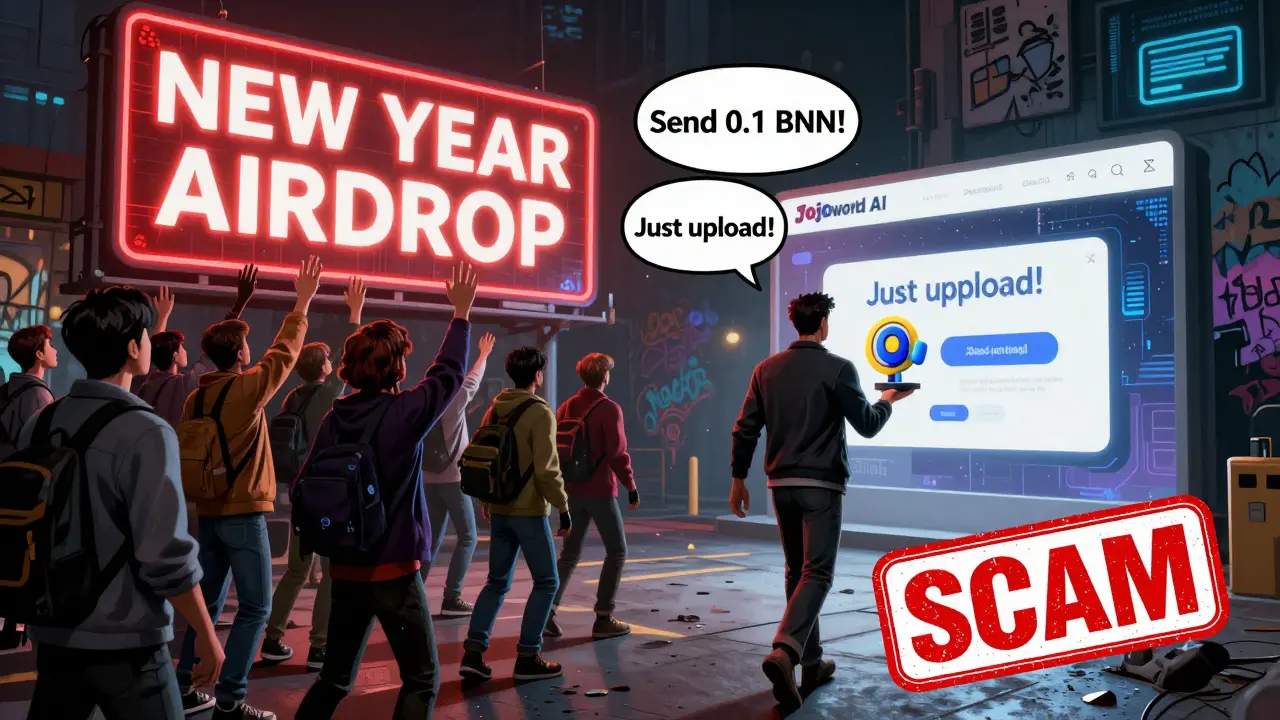 Crowd deceived by fake airdrop billboard while one person walks toward legitimate platform.