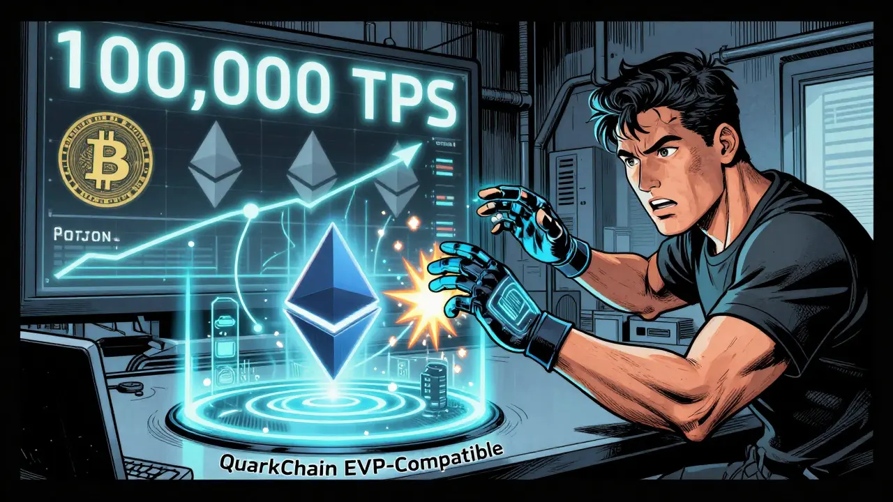Developer transferring an Ethereum smart contract into a QuarkChain portal with glowing EVM compatibility symbols.