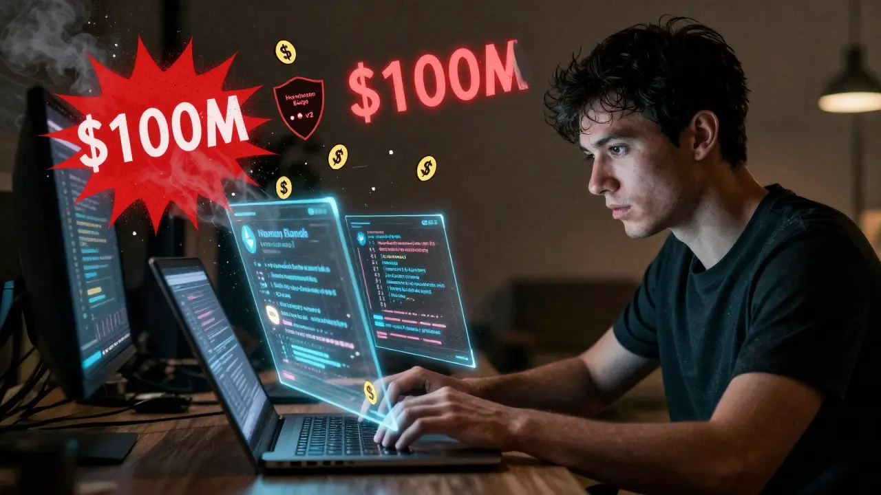 Developer watching Ethereum code transform into Harmony's faster version, with <h2>The $100 million exploit and its aftermath</h2>.0001 fees rising as confetti and a repaired bridge shield glowing.