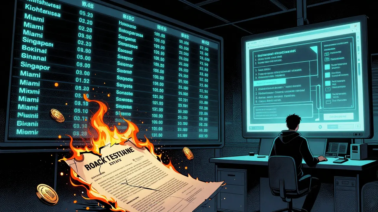 Digital trading floor with blockchain transactions scrolling, one investor watching smart contracts execute.