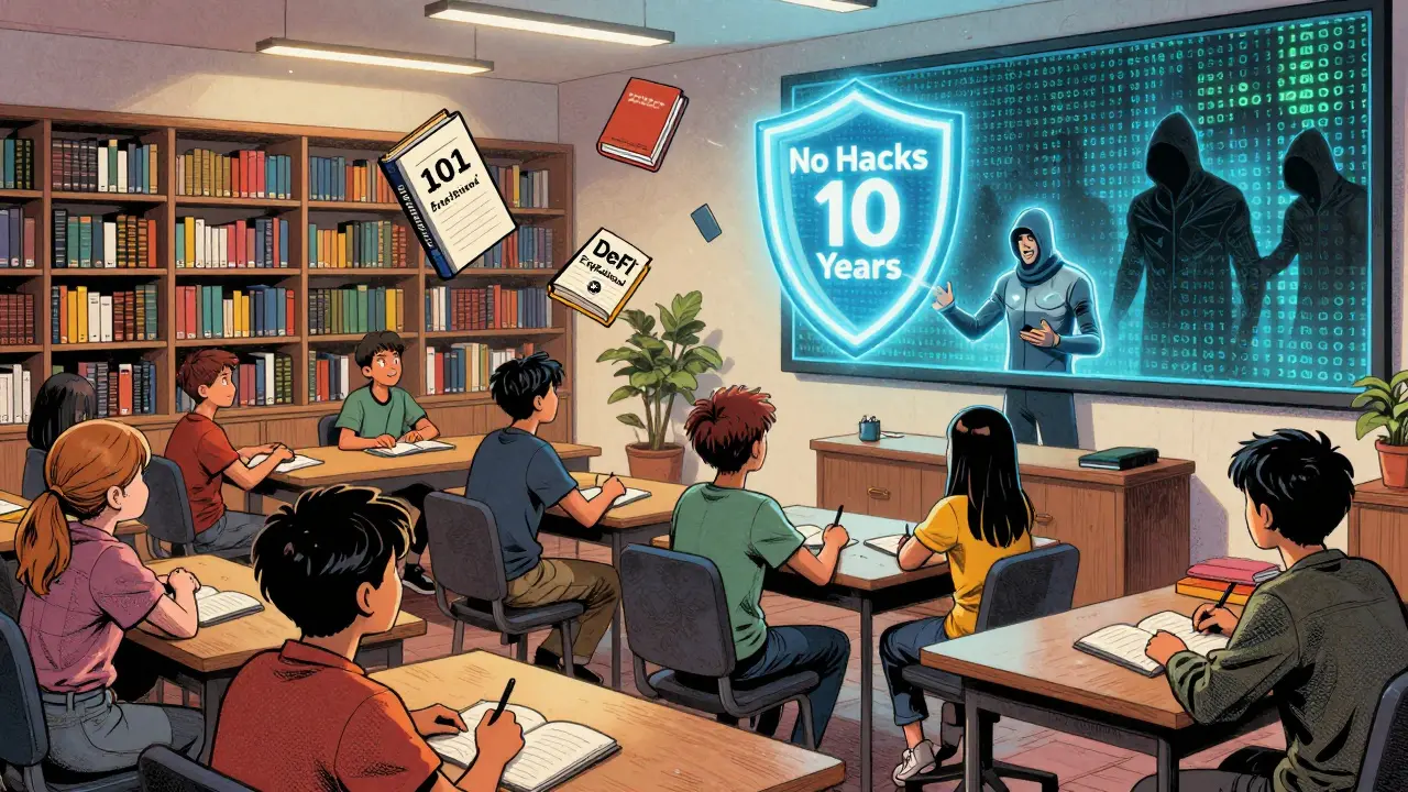 Diverse students learning crypto in Bit2Me Academy, holographic teacher and floating books, hacker figures blocked by encryption wall.