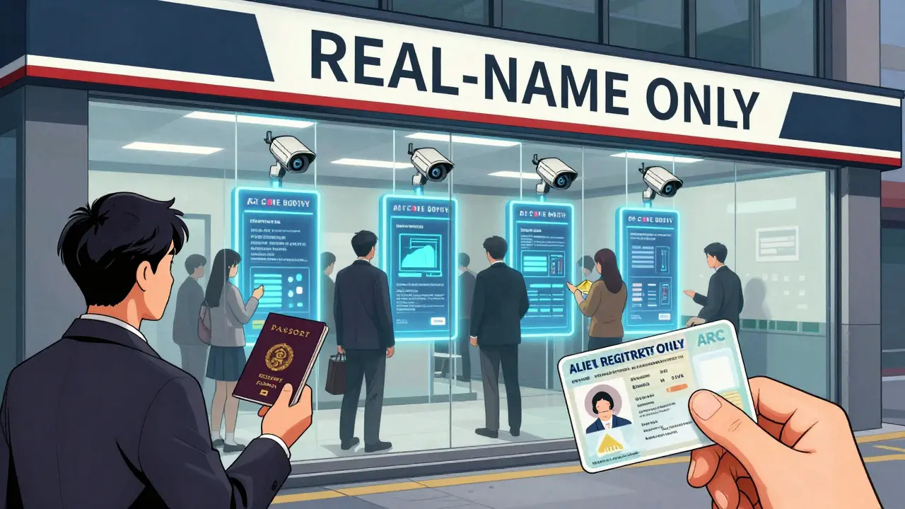 Foreigner barred from Korean bank by 'REAL-NAME ONLY' wall while locals transact securely inside.