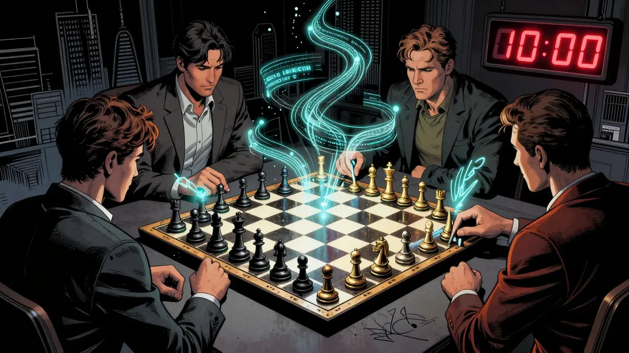 Four players engaged in a decentralized chess game with digital signatures and NFT pieces floating mid-air.