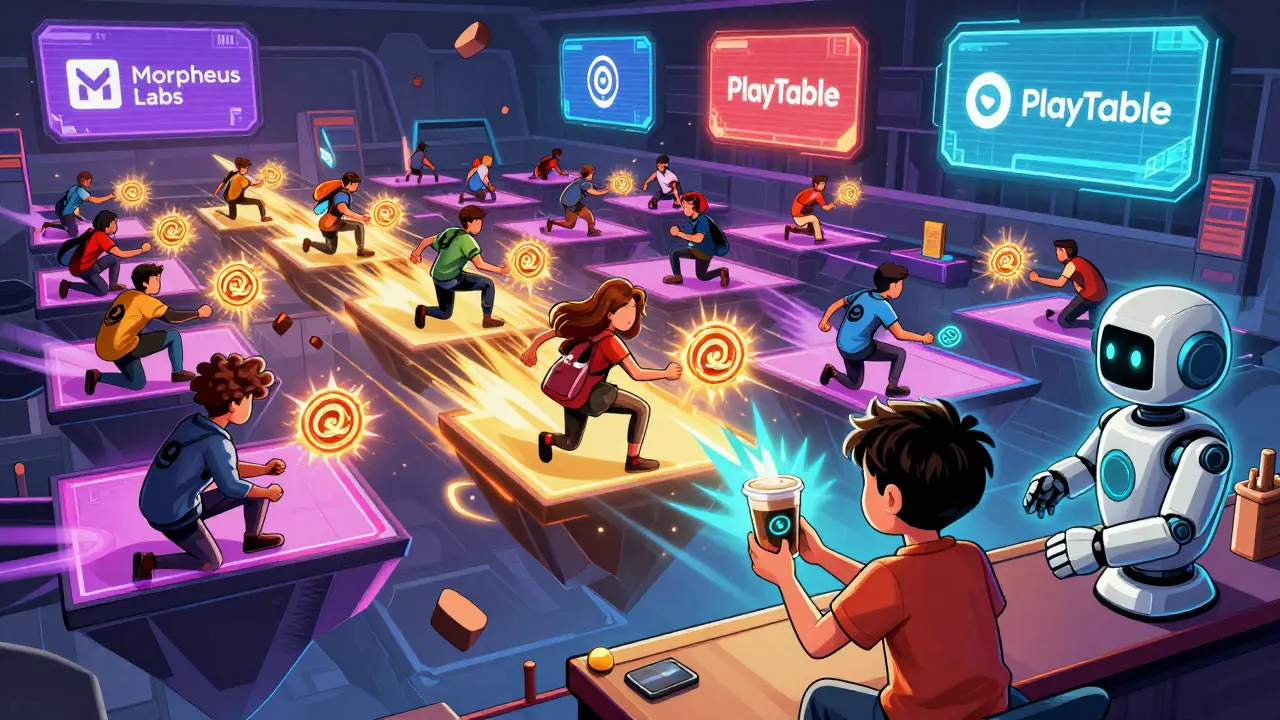 Gaming arena with thousands of players trading NFTs via instant QKC transactions across floating shards.