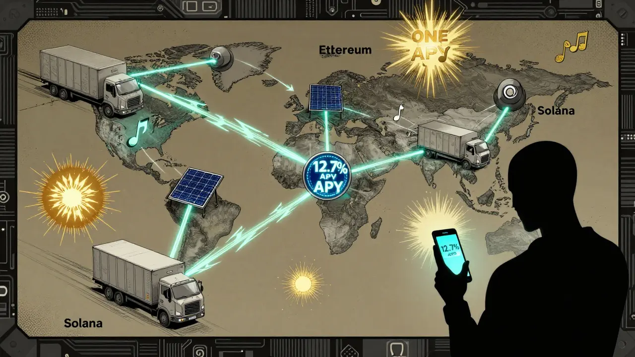 Global network of supply chains, music, and energy linked by ONE tokens, a staker on phone earning 12.7% APY as others watch from afar.