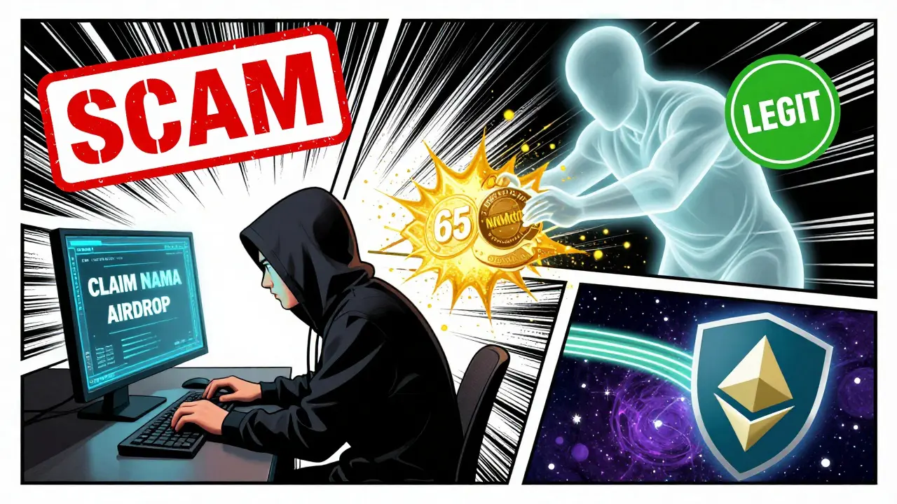Hacker at a computer being deceived by a fake NAMA airdrop site, while a legitimate Namada token distribution glows in the background.