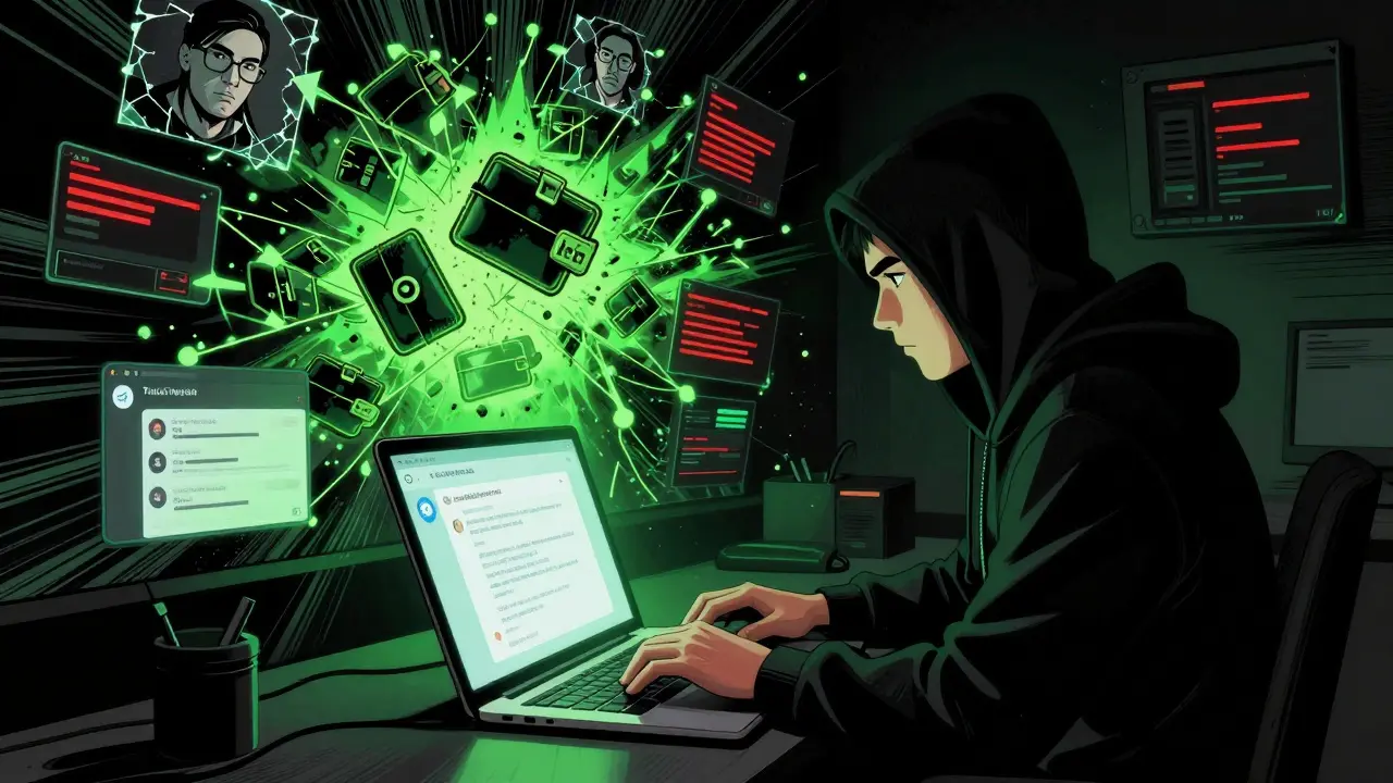 Hacker sending fake messages as a digital network collapses around them with draining wallets and crashing servers.