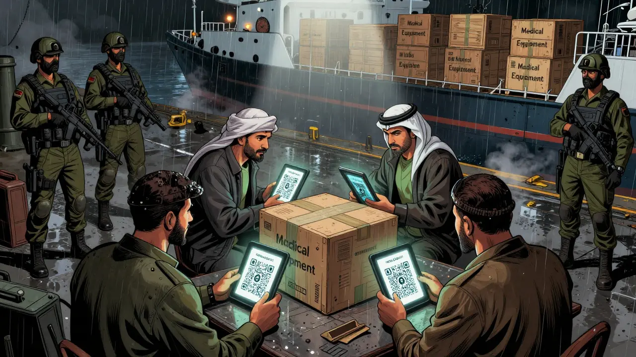 Iranian and Russian traders exchanging Bitcoin QR codes at a port as medical supplies are loaded onto a ship under armed guard.