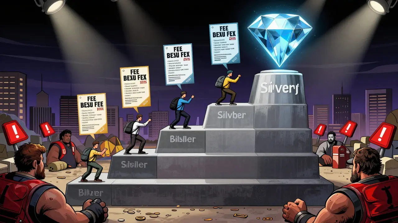 Loyalty tiers ascending from Silver to Diamond on Foxbit, with fee discounts and trading tools glowing.