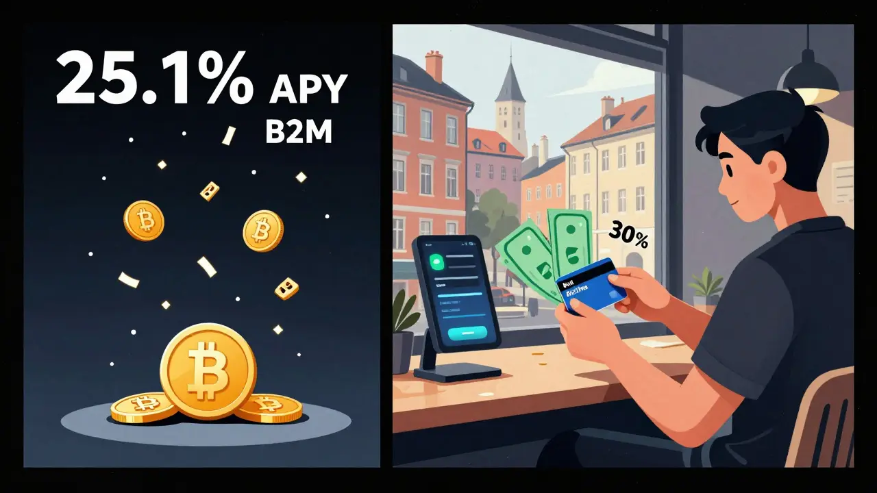Person earning crypto interest and spending with Bit2Me Card, cashback icons bursting around them in a European café.