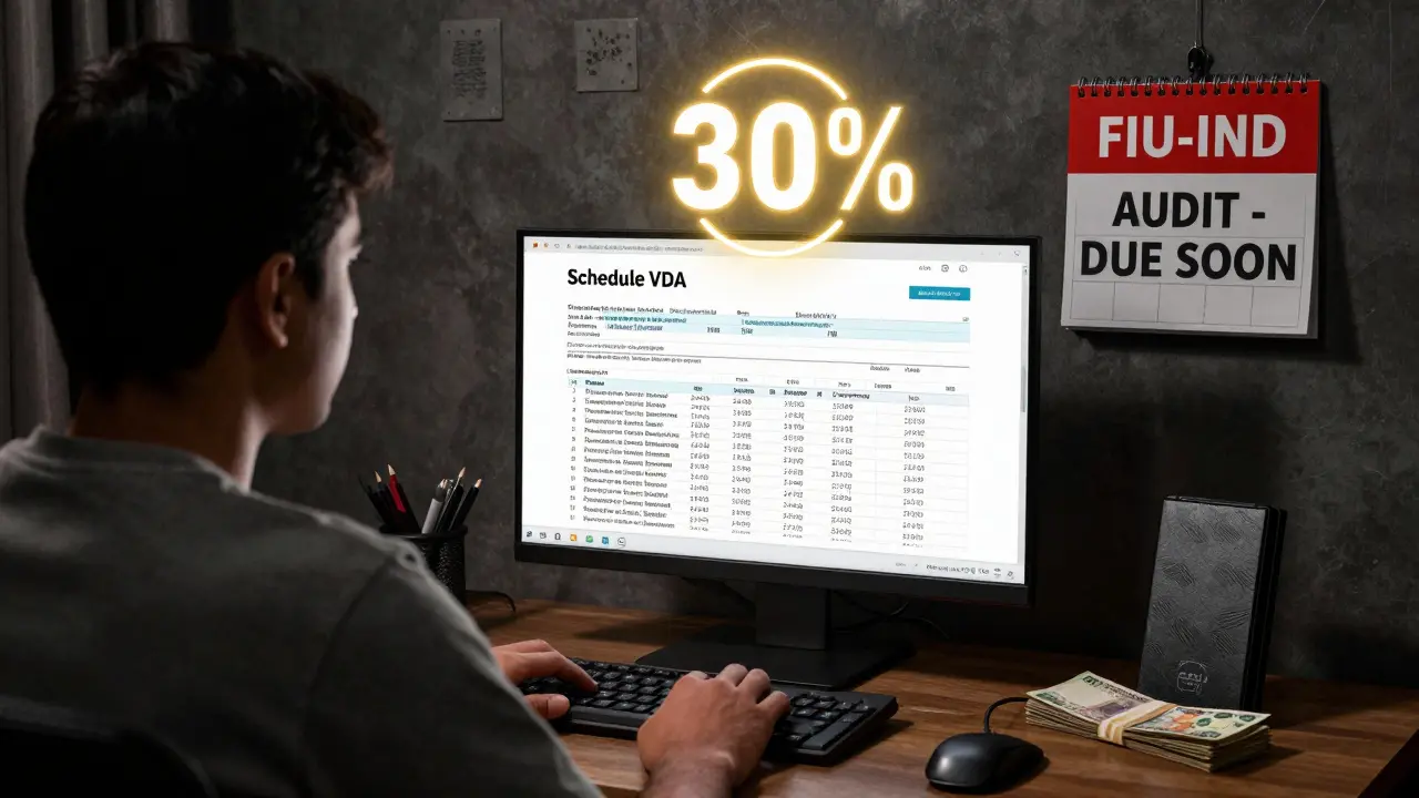 Person filing crypto taxes on a computer with a looming 30% tax icon.