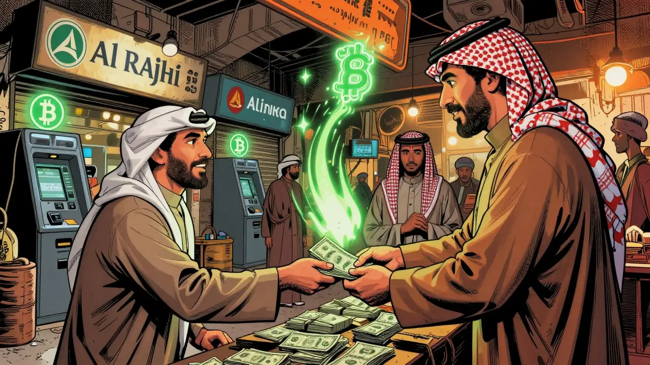 Saudi traders exchanging cash for USDT at a market stall, crypto ATMs visible in background.