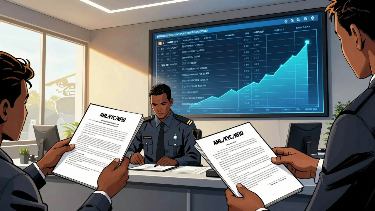 SEC regulator reviews compliance documents in modern office with licensed exchange list on screen.