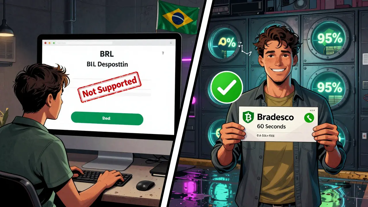 Split scene: Brazilian user successfully withdrawing BRL vs foreign user blocked from depositing.