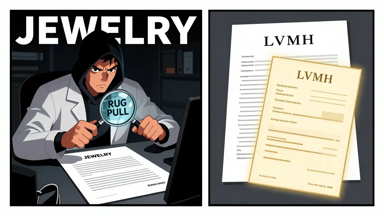 Split scene: hacker forging fake contract vs. real luxury brand with verified audits, comic book style.