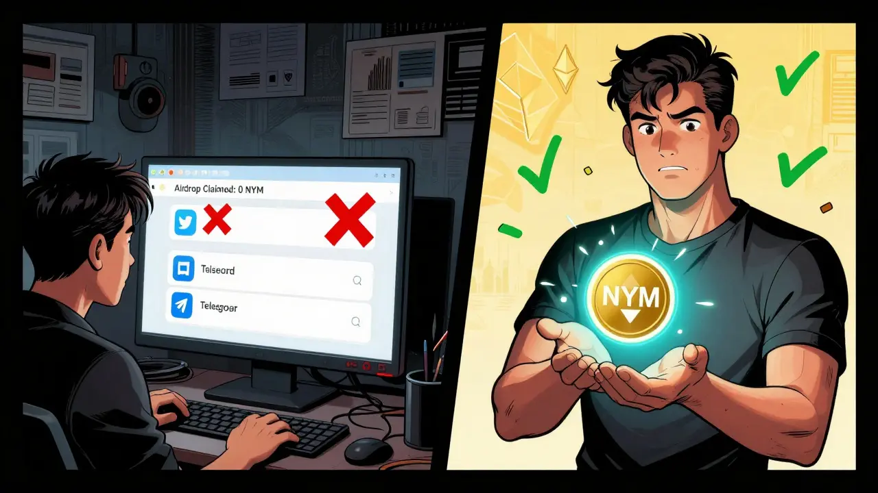 Split scene: one user misses airdrop tasks, another successfully claims NYM tokens via smart contract.