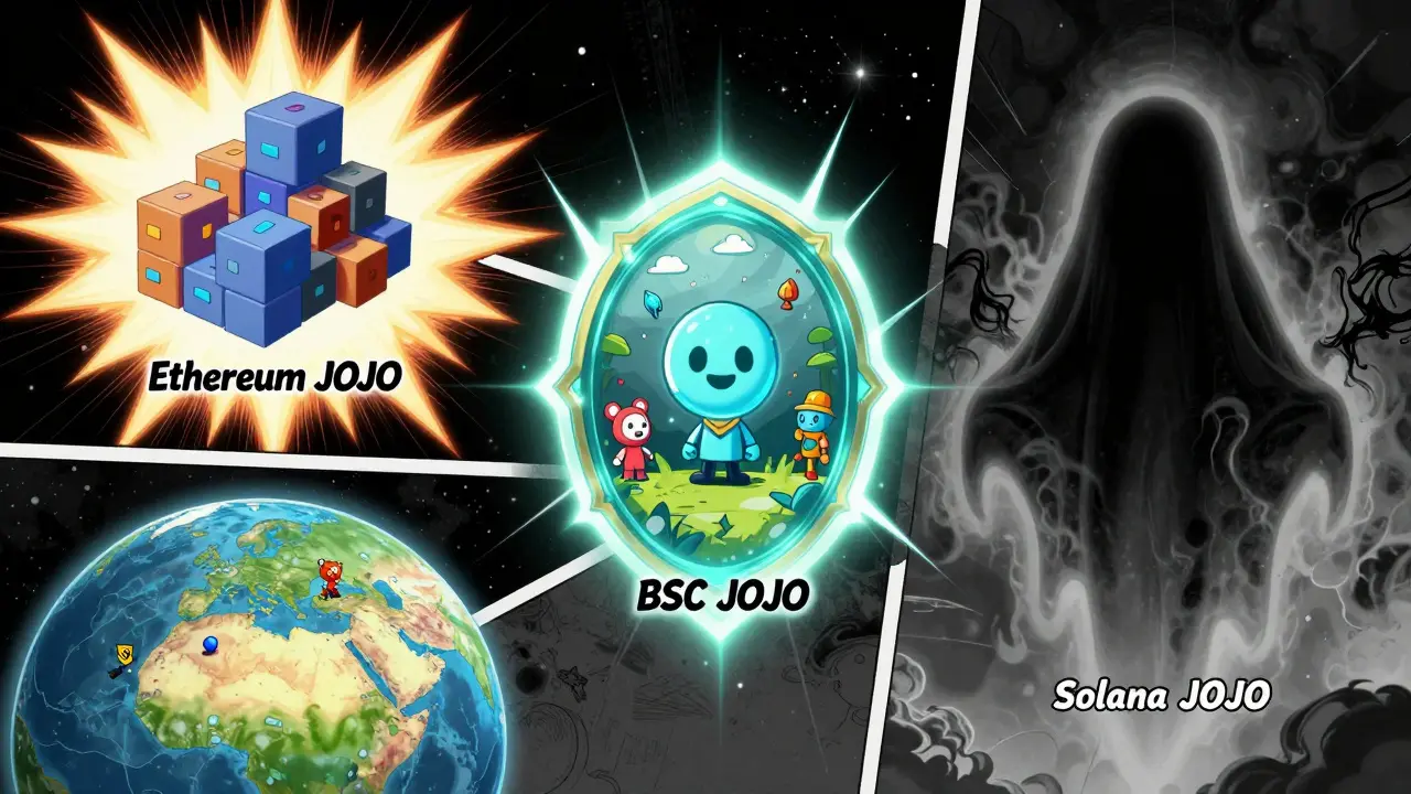 Three JOJO tokens separated into distinct worlds: one vibrant, one playful, one ghostly.