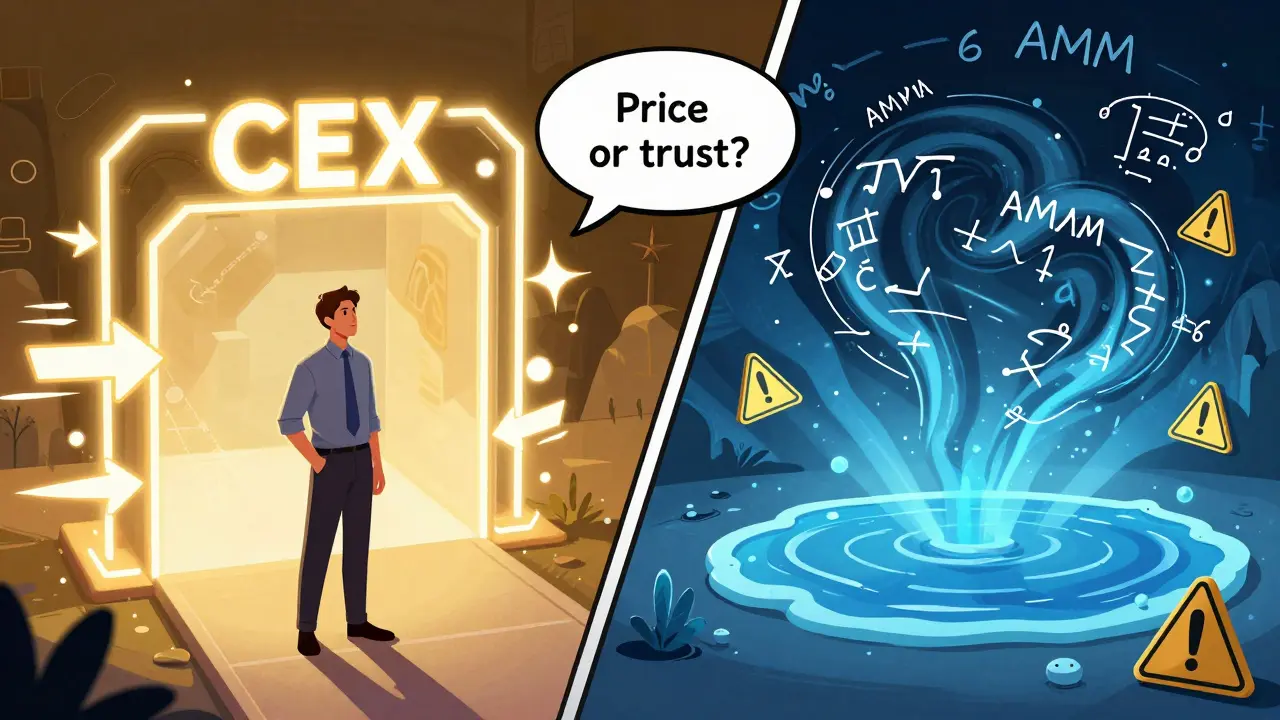Trader choosing between smooth CEX path and chaotic DEX portal with warning signs and math equations.