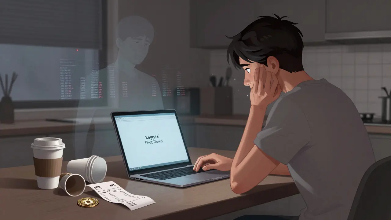 User staring at a shutdown screen with a lost portfolio ghost and an empty XPE token on the table.