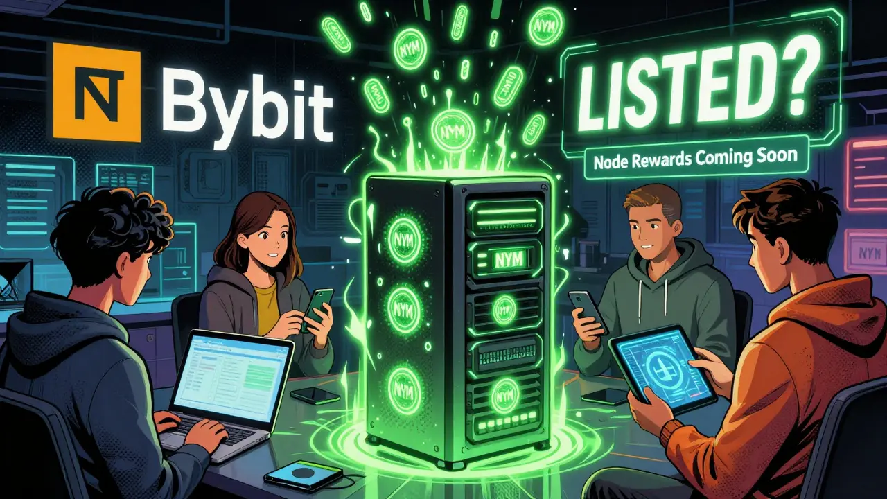 Users receive NYM tokens as a glowing node server pulses with energy, Bybit logo flickers nearby.