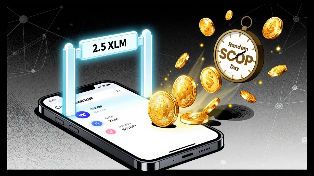 A digital wallet displaying SCOP and XLM assets with a glowing 2.5 XLM reserve barrier and monthly staking rewards bursting forth.