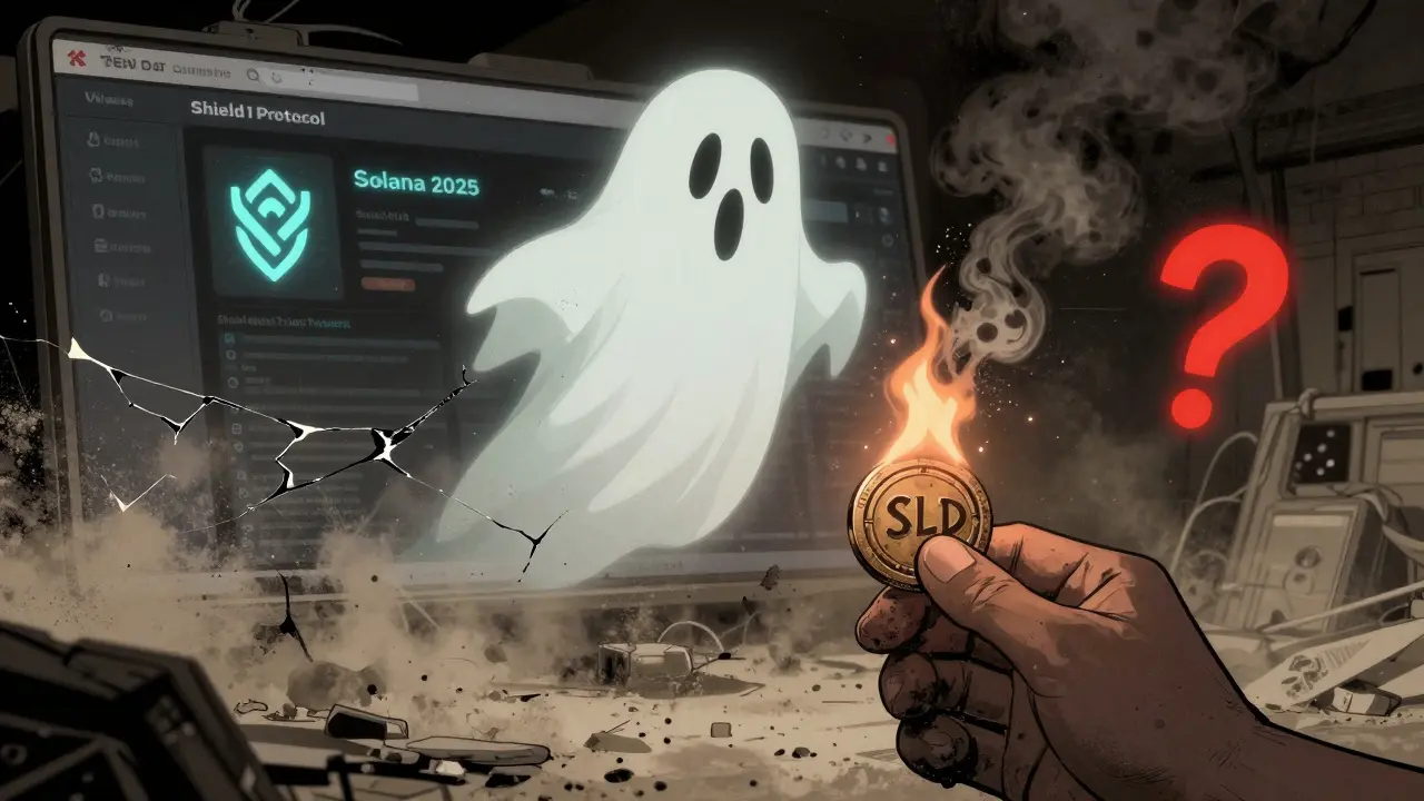 A ghostly SLD token above an abandoned dashboard as a new Shield Protocol emerges in the distance.
