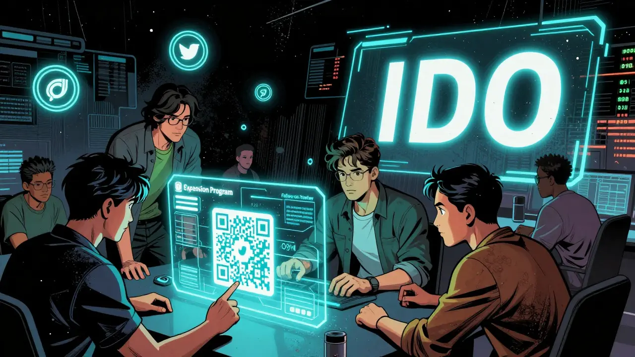 A group of users completing missions on holographic dashboards in a neon-lit command center, surrounded by token symbols.