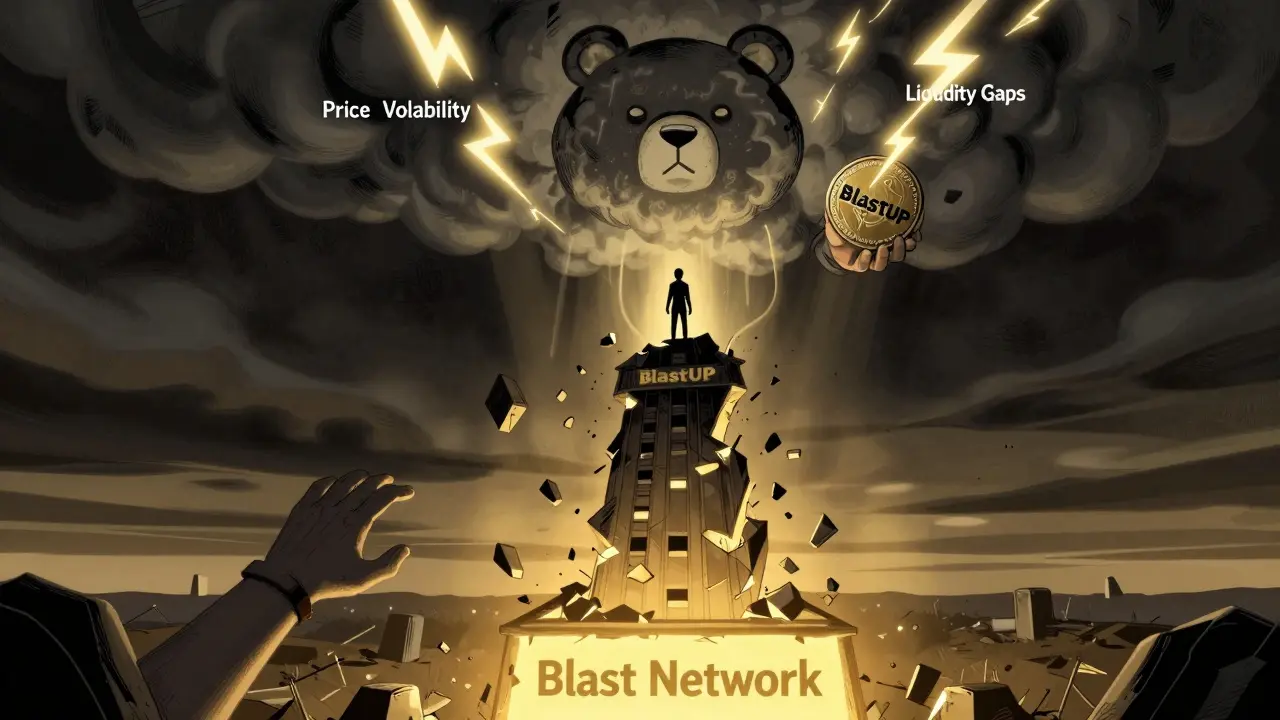 A lone figure stands on a crumbling BlastUP tower as the Blast network glows below, facing a storm of market volatility.