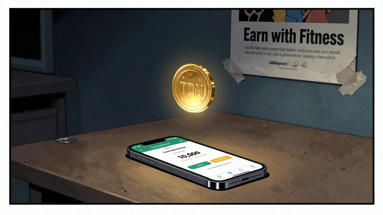 A lone smartphone showing 10,000 downloads while a useless TDM token hovers above it, surrounded by peeling promotional posters.