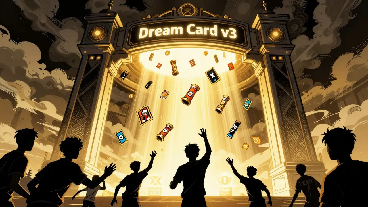 A massive gate opening to rain down NFTs as loyal players reach up, symbolizing Dream Card v3's arrival.
