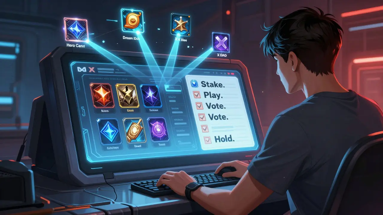 A player at a terminal viewing rare Dream Card NFTs with staking and governance icons glowing around them.