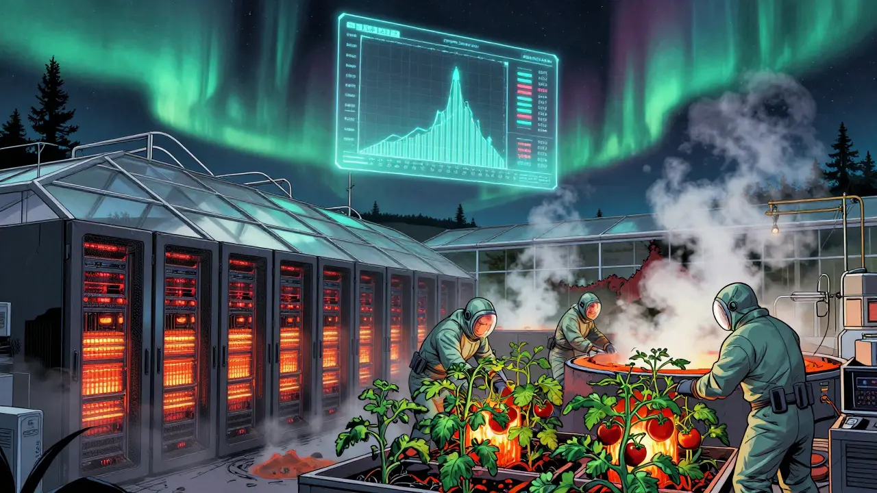 A repurposed data center turned greenhouse, using server heat to grow plants, with a real-time energy dashboard glowing in the sky.