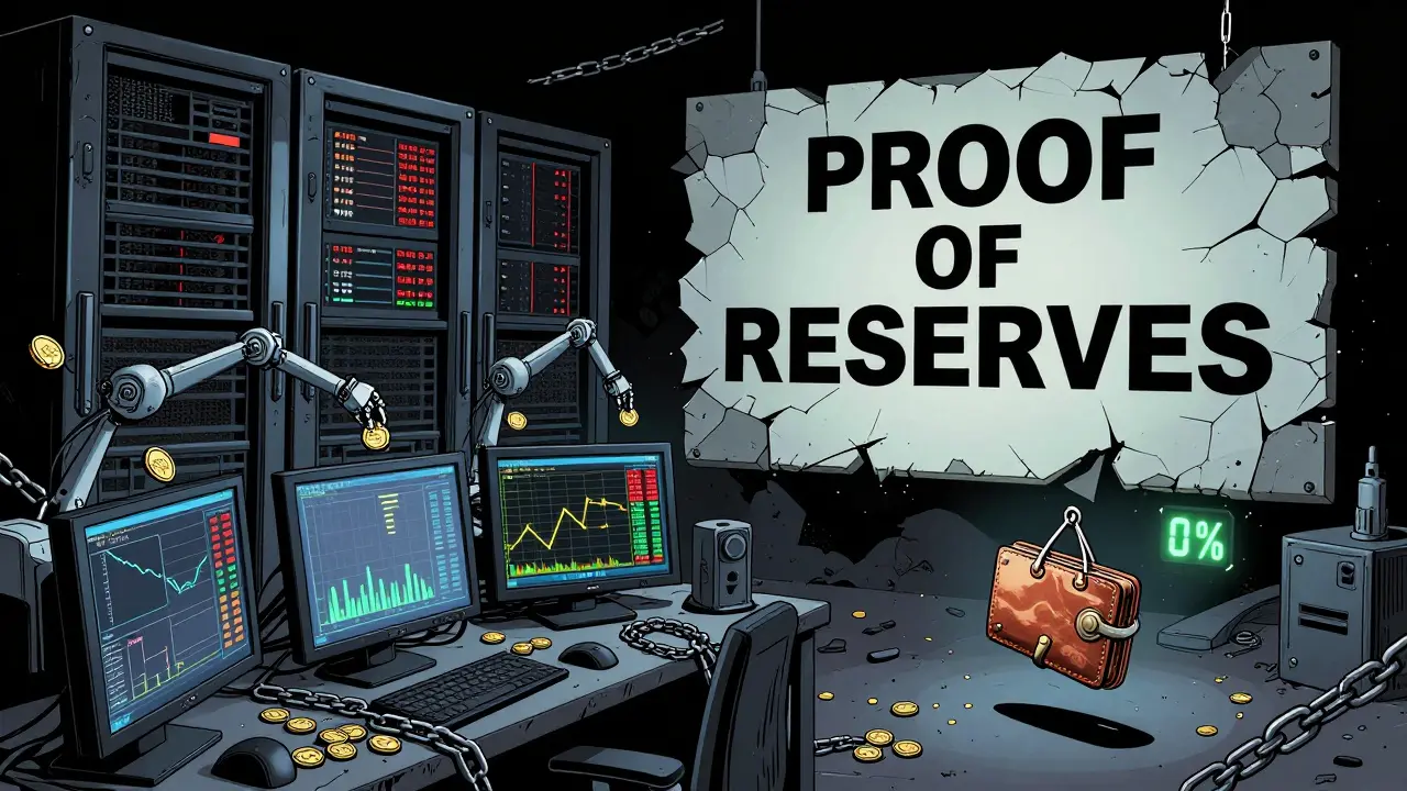 A ruined server room with bots trading fake volume, a cracked 'Proof of Reserves' sign, and a wallet floating empty in darkness.